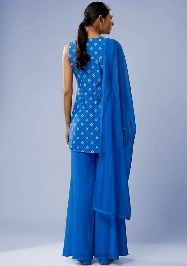 Royal Blue Booti Print Chinon Sharara Set - Indya