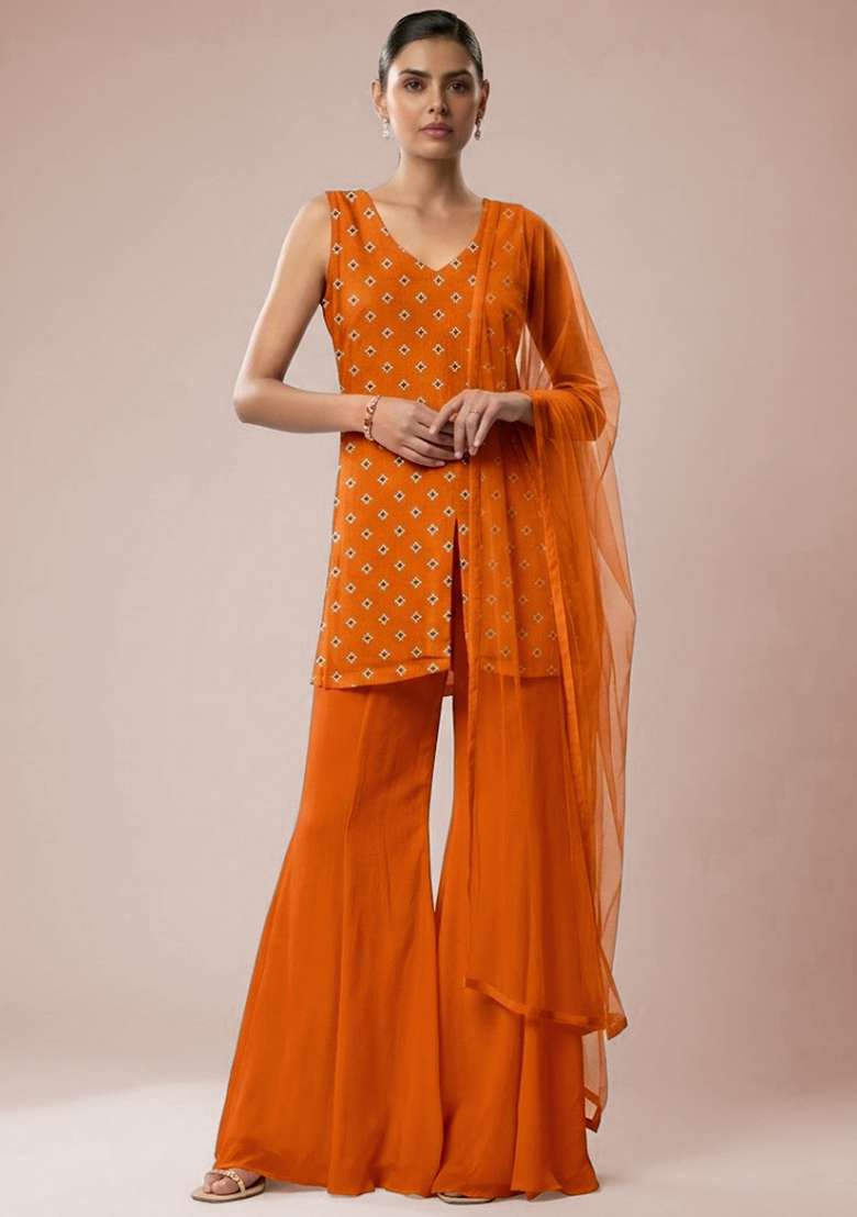 Orange Booti Print Chinon Sharara Set - Indya
