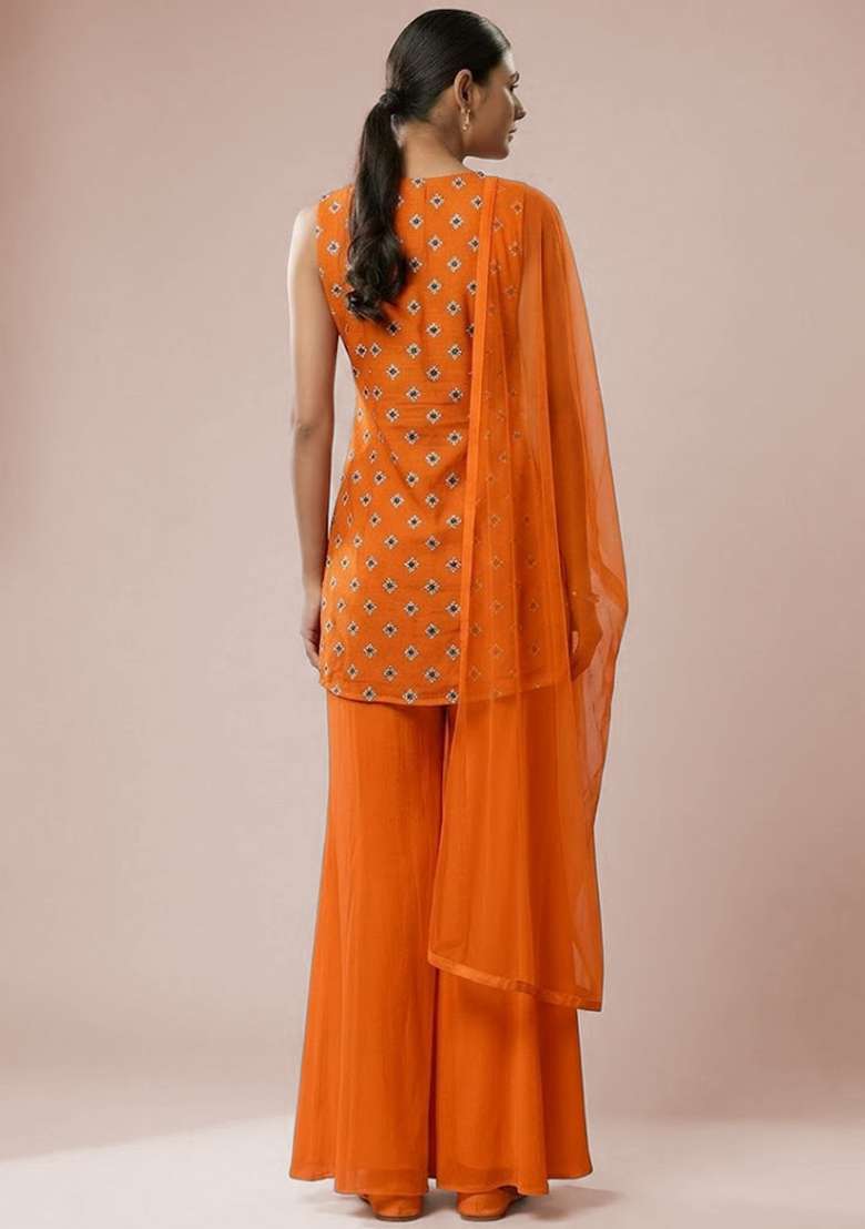 Orange Booti Print Chinon Sharara Set - Indya