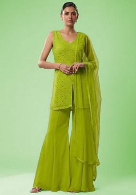 Lime Green Booti Print Chinon Sharara Set