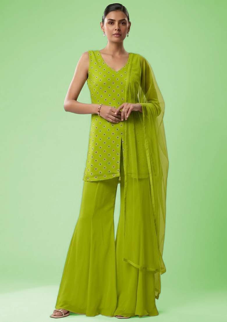 Lime Green Booti Print Chinon Sharara Set - Indya