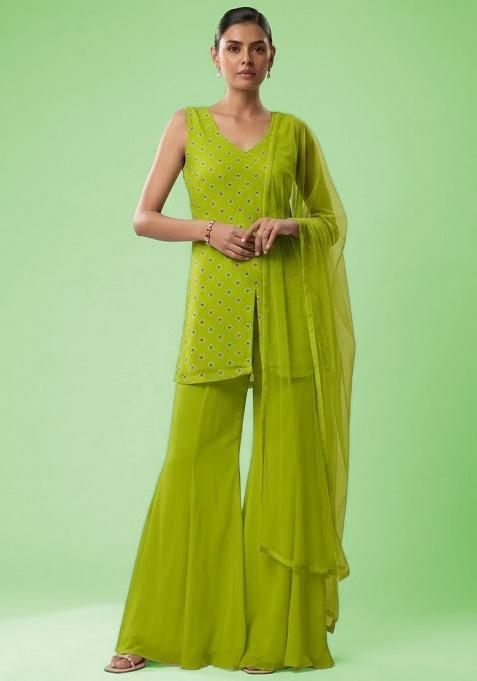 Lime Green Booti Print Chinon Sharara Set