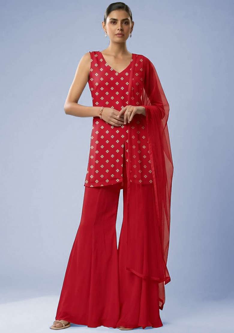 Red Booti Print Chinon Sharara Set - Indya