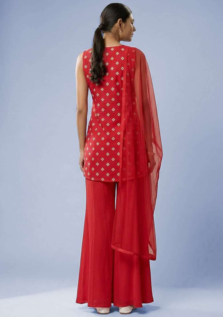 Red Booti Print Chinon Sharara Set - Indya