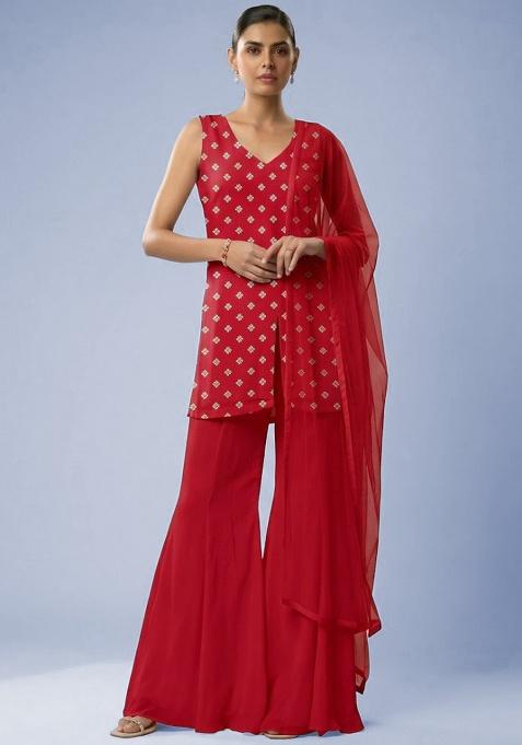 Red Booti Print Chinon Sharara Set