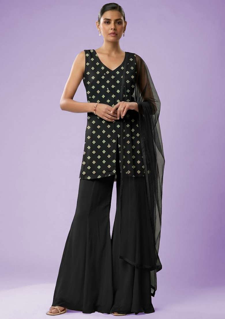 Black Booti Print Chinon Sharara Set - Indya