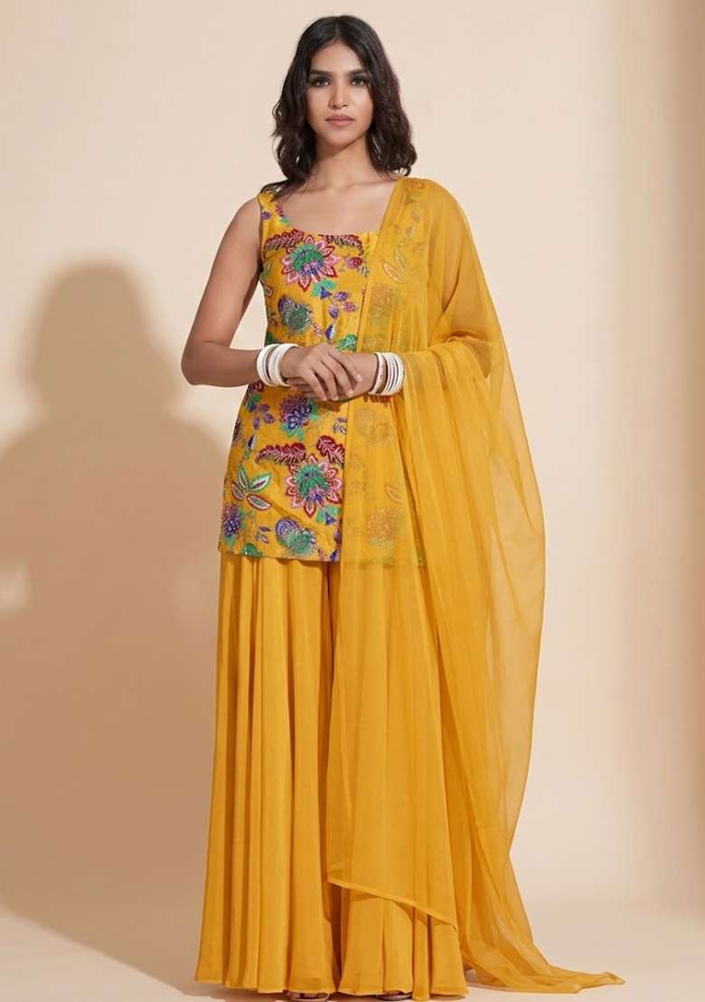 Mustard Sequin Crepe Sharara Set - Indya