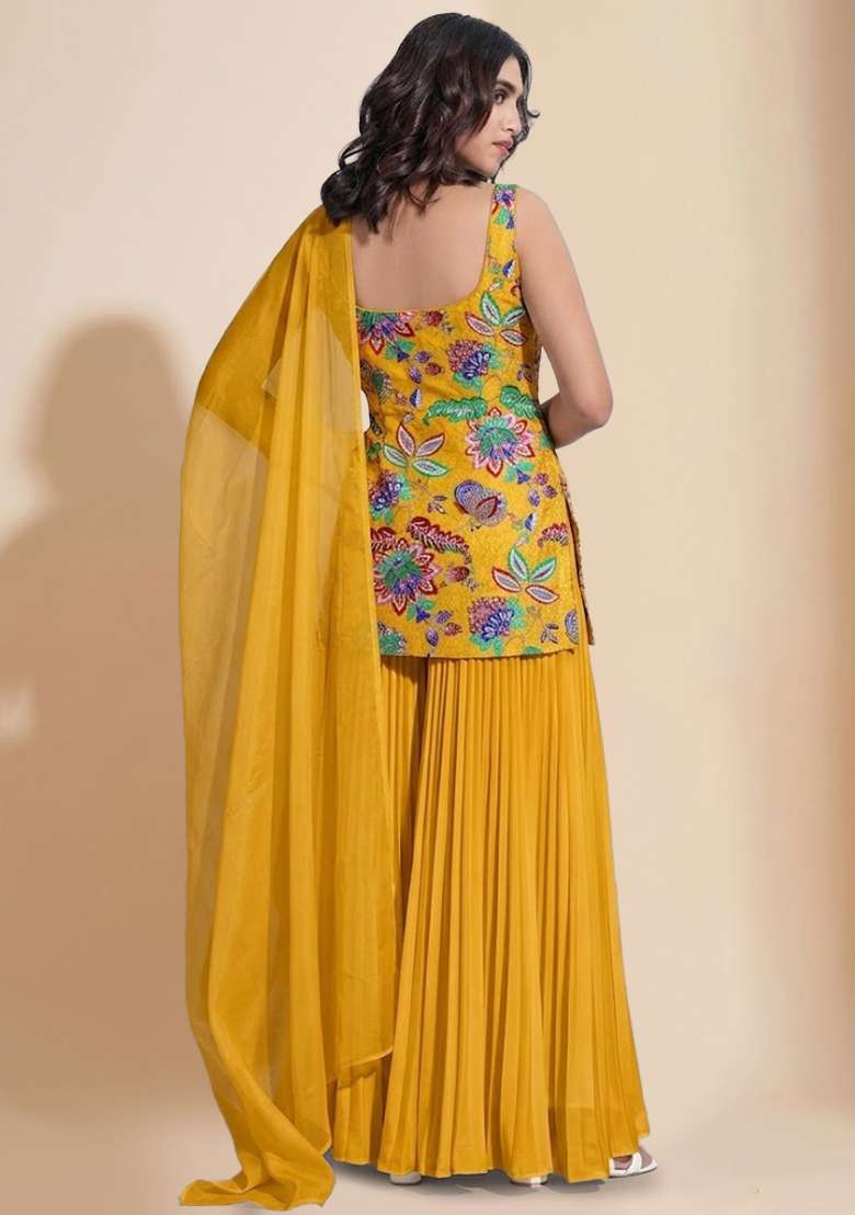 Mustard Sequin Crepe Sharara Set - Indya