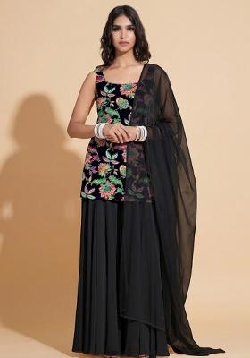 Black Sequin Crepe Sharara Set