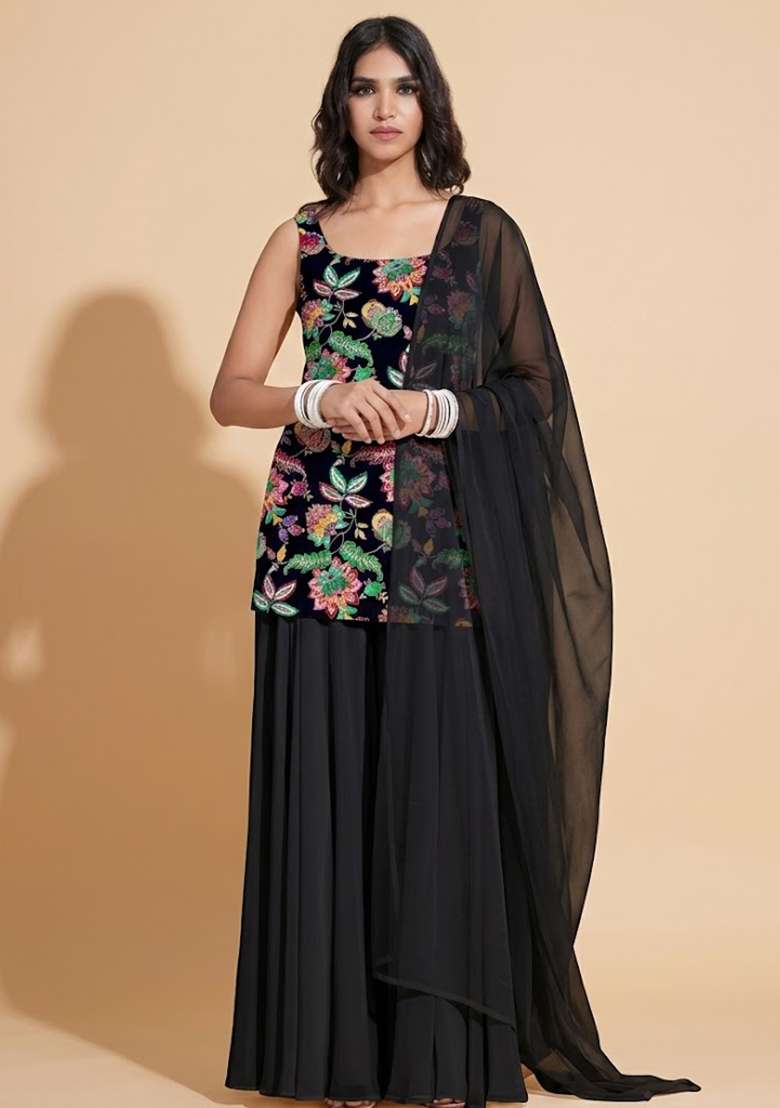 Black Sequin Crepe Sharara Set - Indya