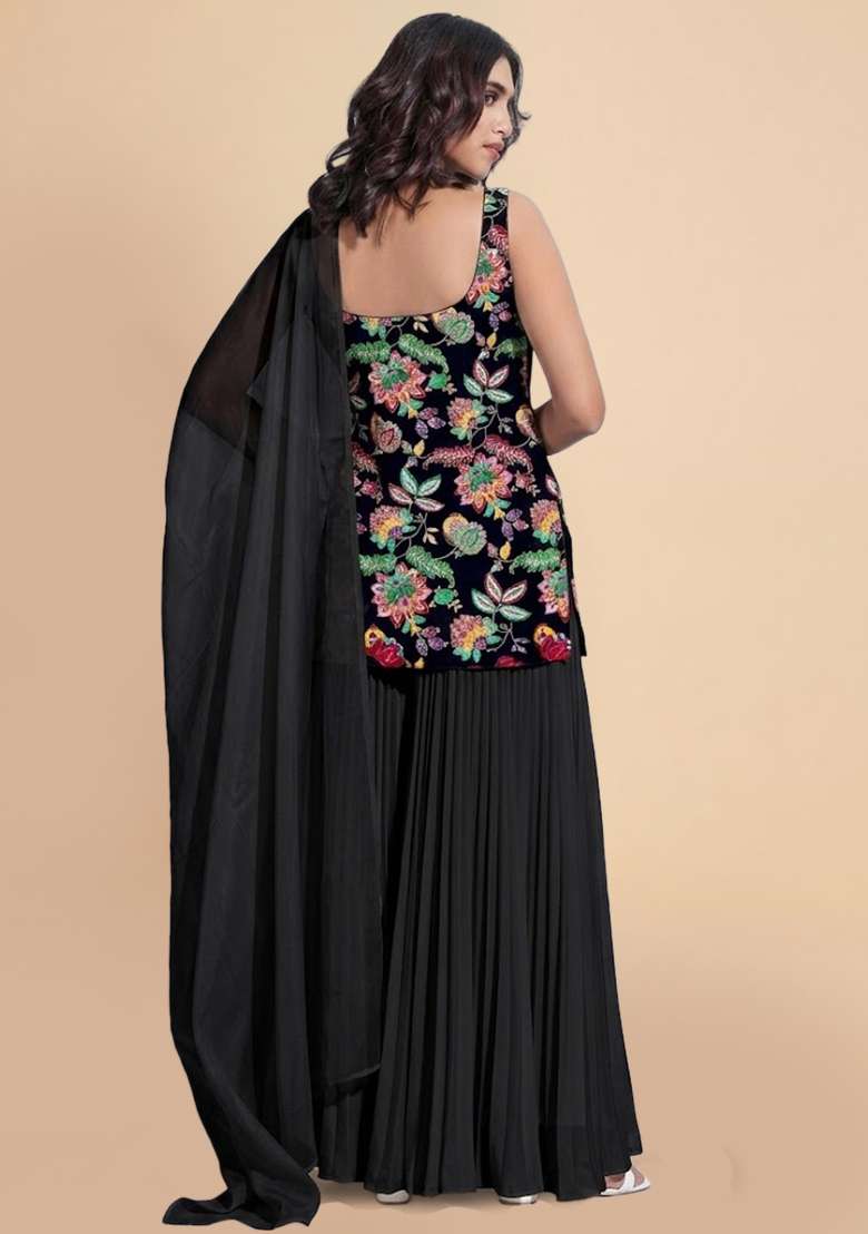 Black Sequin Crepe Sharara Set - Indya