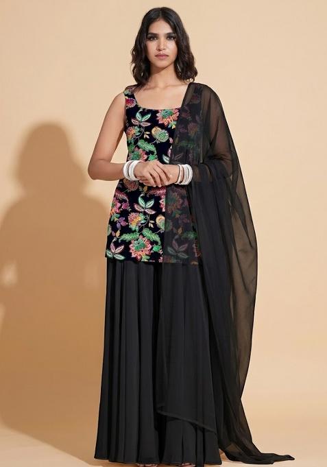 Black Sequin Crepe Sharara Set