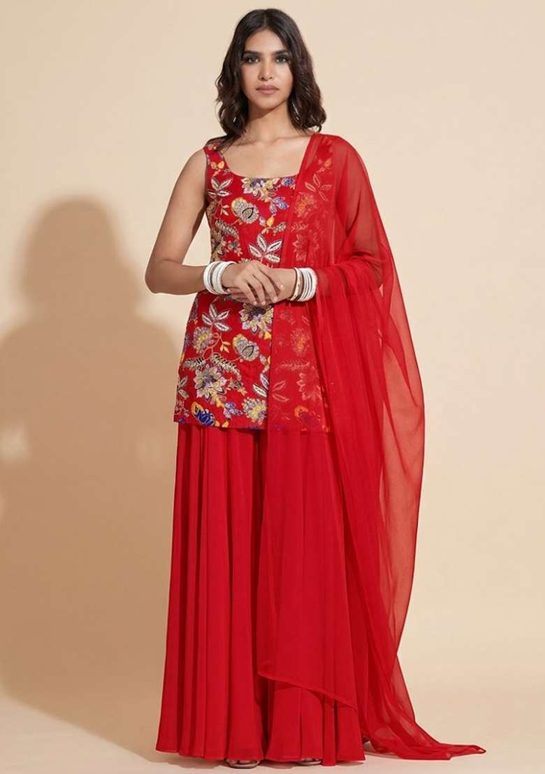 Red Sequin Crepe Sharara Set - Indya