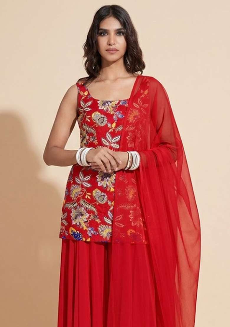 Red Sequin Crepe Sharara Set - Indya