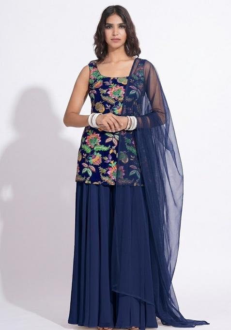 Navy Blue Sequin Crepe Sharara Set