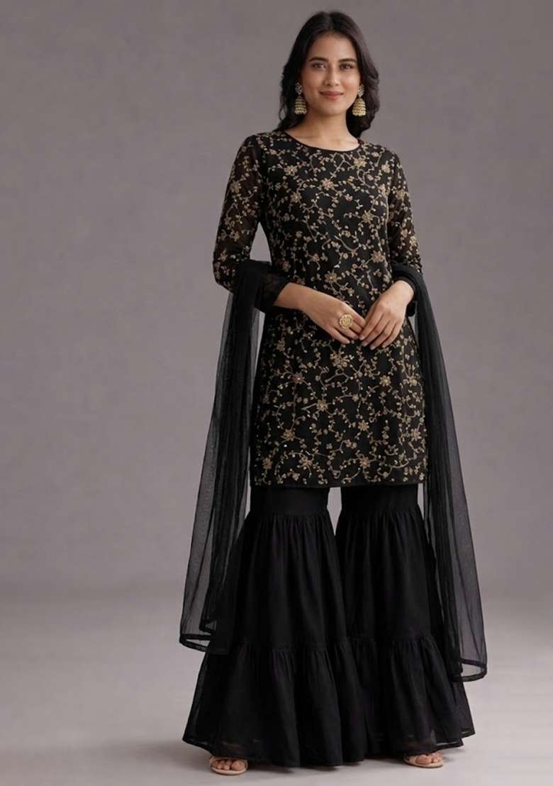 Black Sequin Crepe Sharara Set - Indya