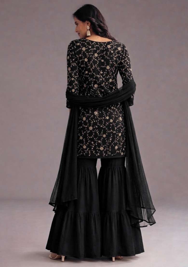 Black Sequin Crepe Sharara Set - Indya