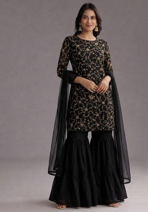 Black Sequin Crepe Sharara Set