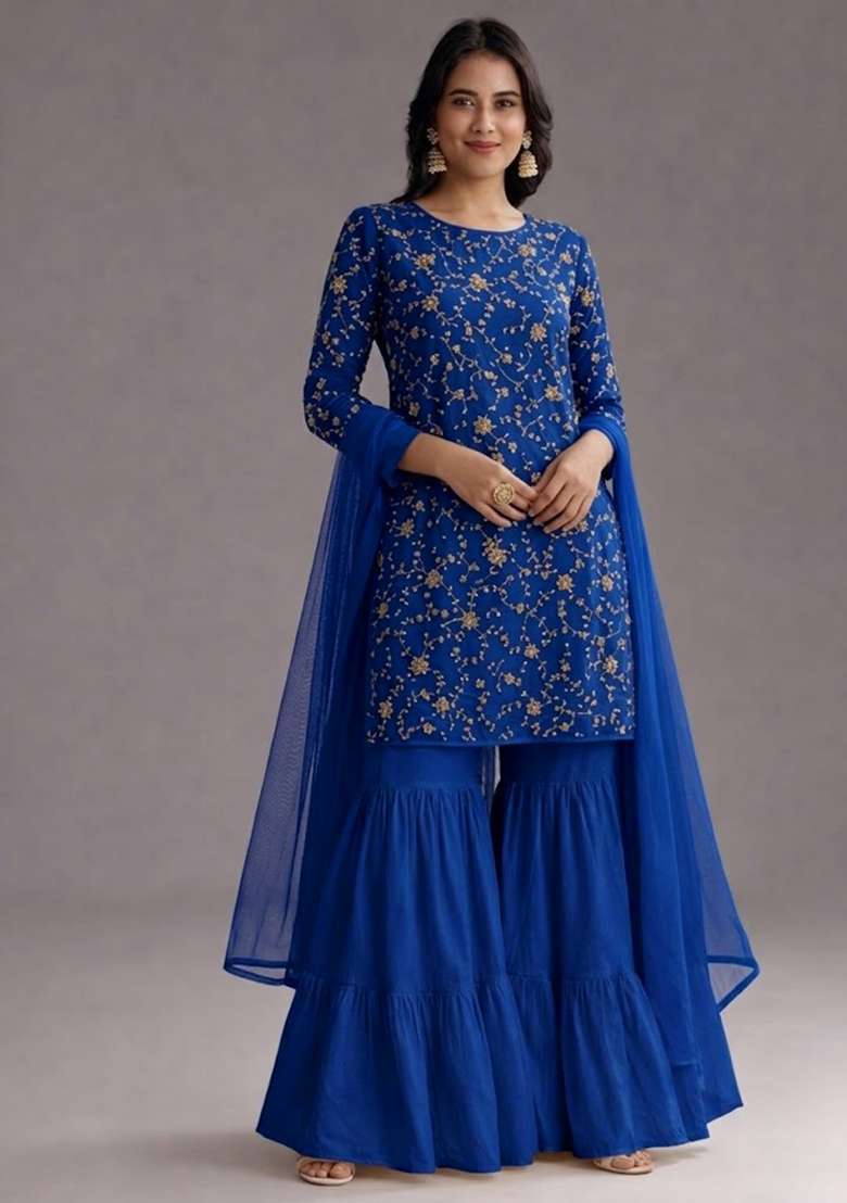 Blue Sequin Crepe Sharara Set - Indya