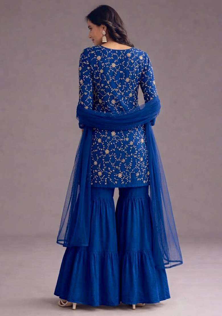 Blue Sequin Crepe Sharara Set - Indya