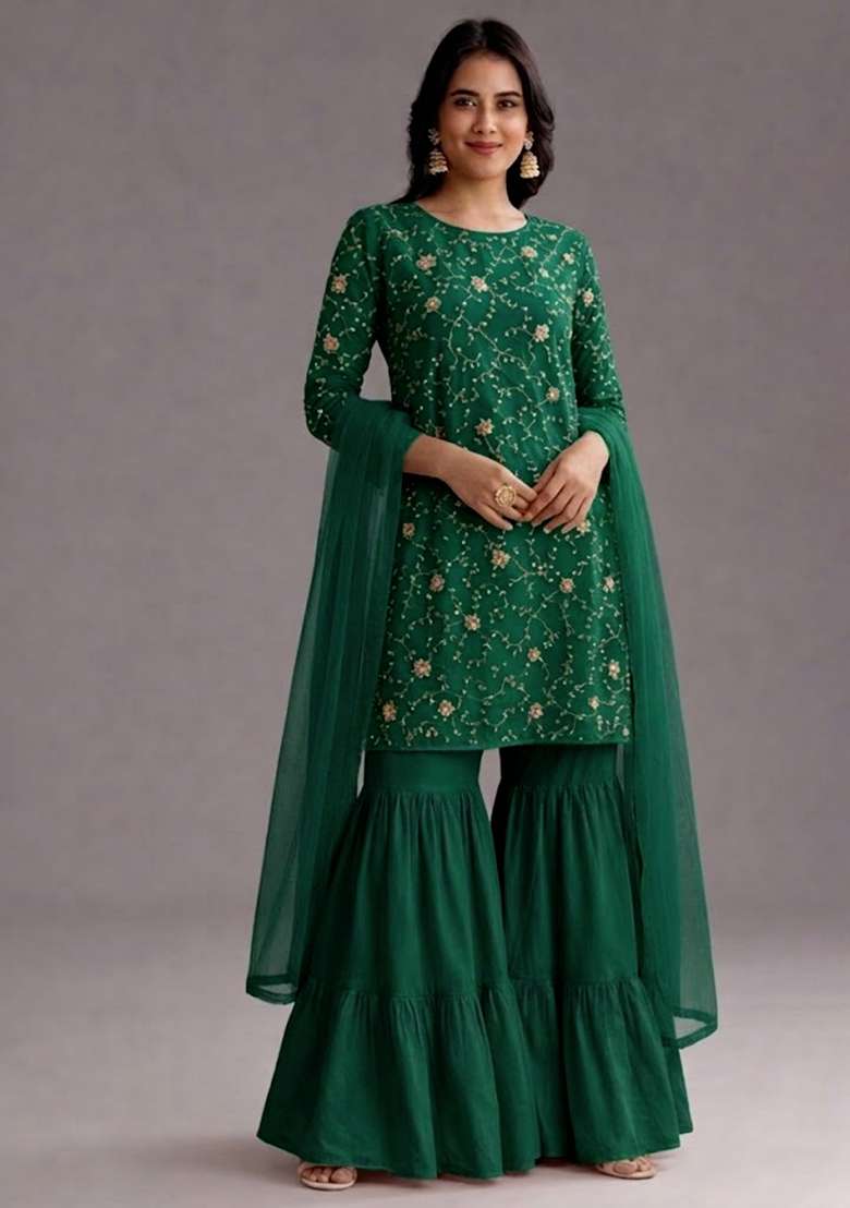 Green Sequin Crepe Sharara Set - Indya