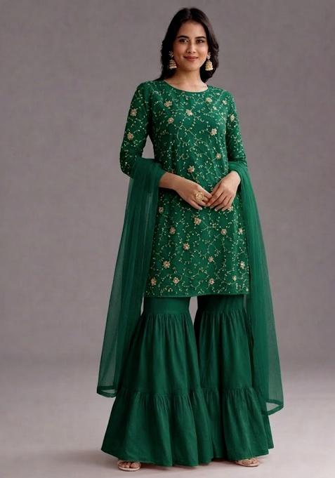 Green Sequin Crepe Sharara Set