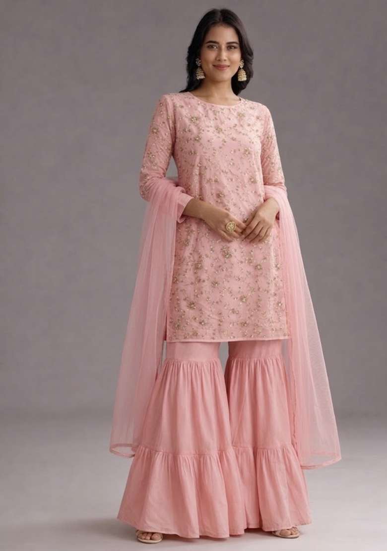 Pink Sequin Crepe Sharara Set - Indya