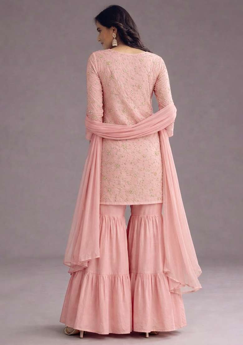 Pink Sequin Crepe Sharara Set - Indya