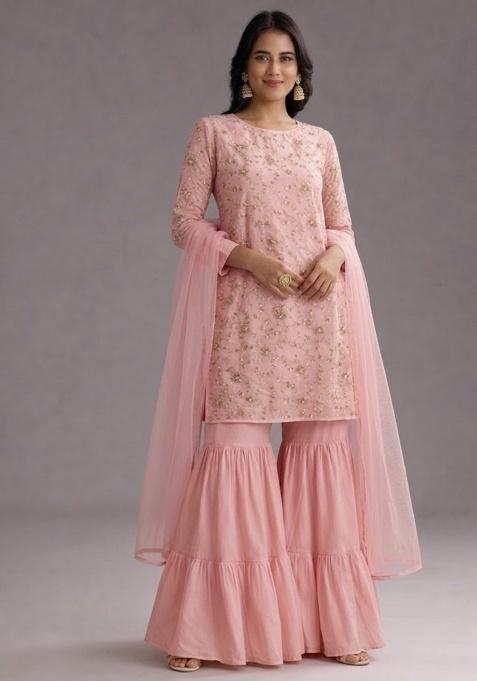 Pink Sequin Crepe Sharara Set
