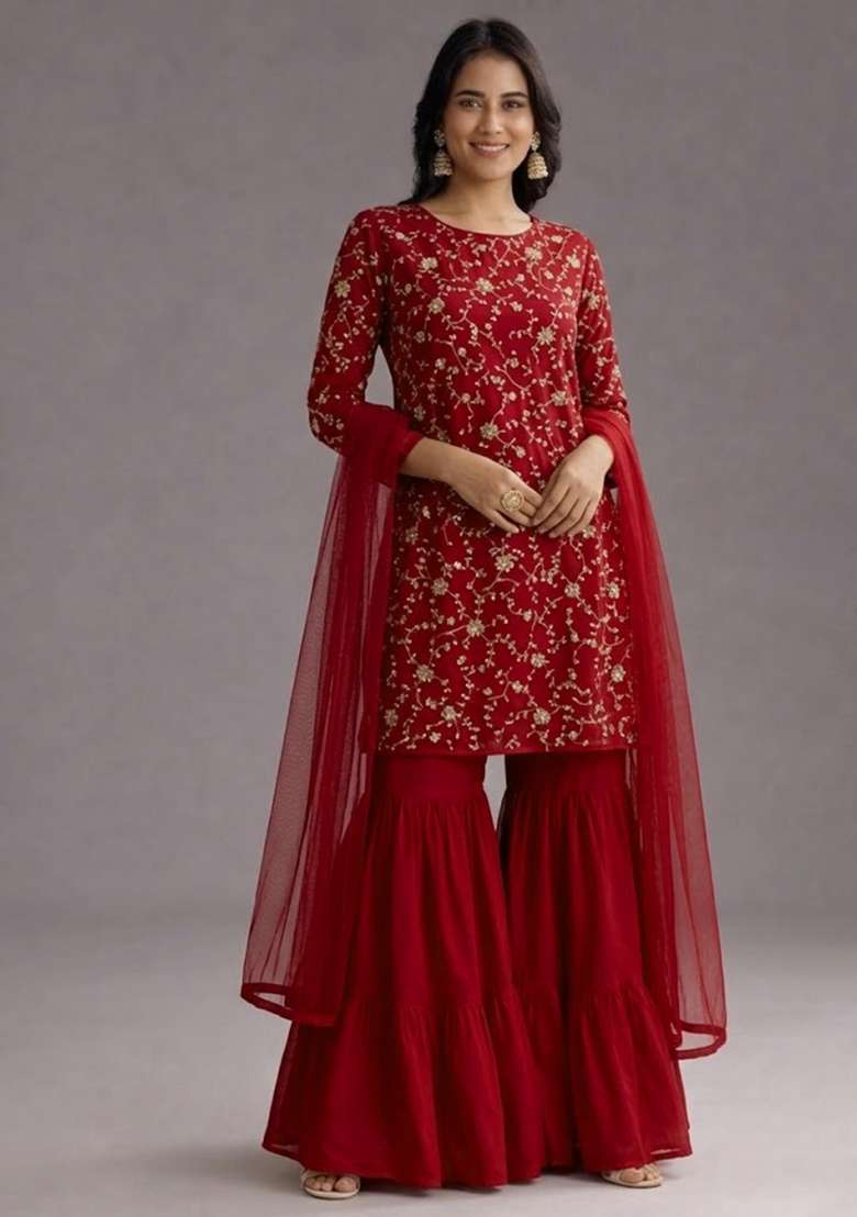 Red Sequin Crepe Sharara Set - Indya