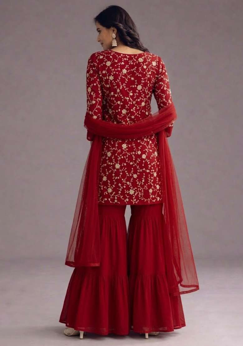 Red Sequin Crepe Sharara Set - Indya