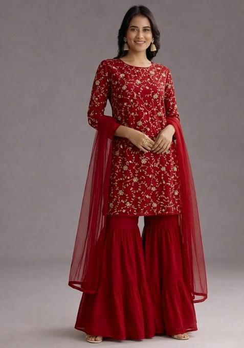 Red Sequin Crepe Sharara Set