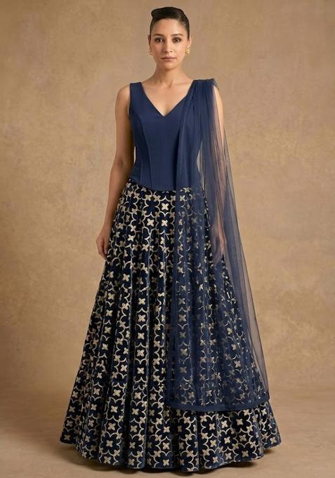 Navy Blue Silk Lehenga Set