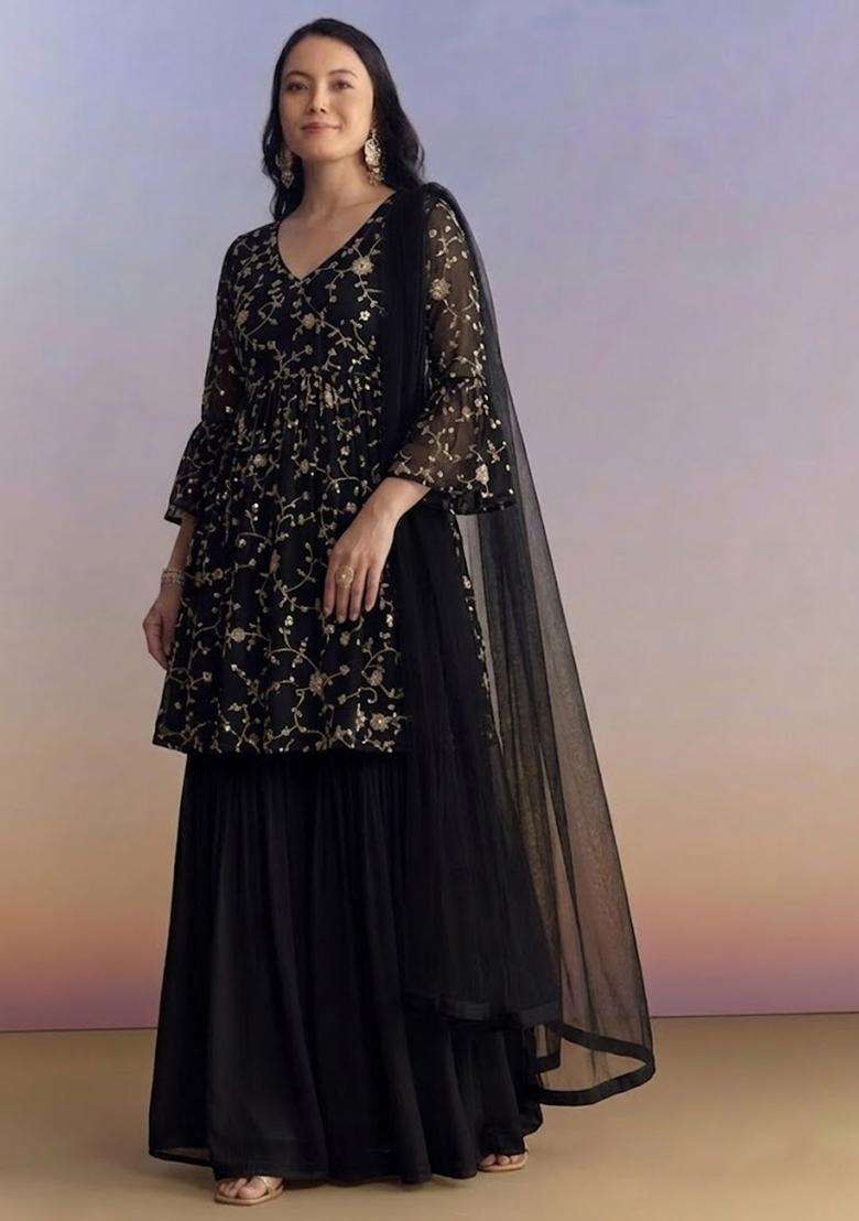 Black Sequin Crepe Sharara Set - Indya