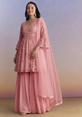 Pink Sequin Crepe Sharara Set