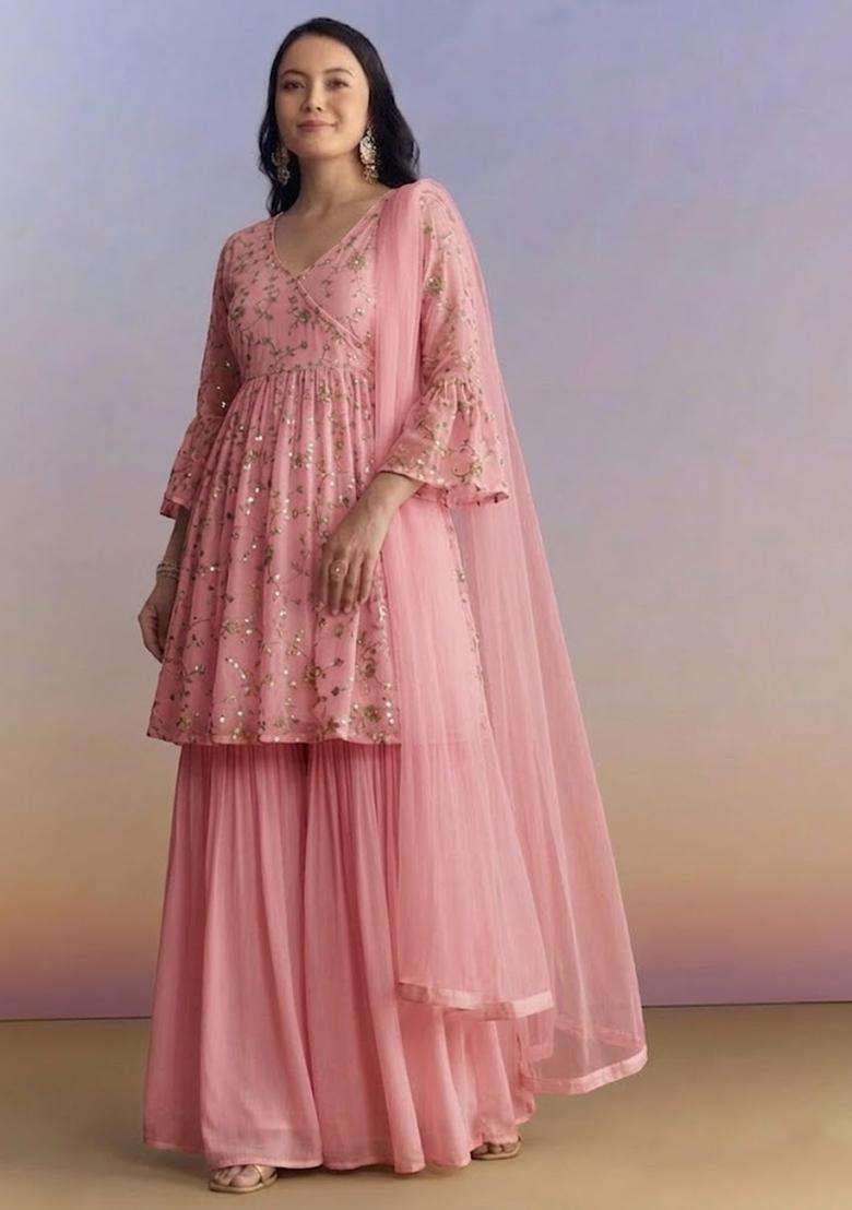 Pink Sequin Crepe Sharara Set - Indya