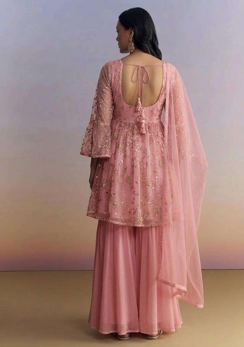 Pink Sequin Crepe Sharara Set - Indya