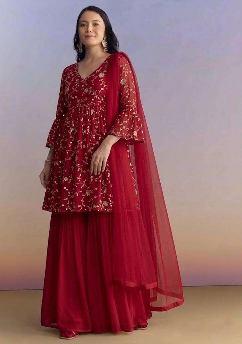 Red Sequin Crepe Sharara Set - Indya