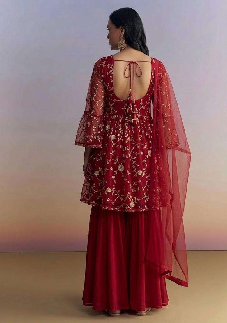 Red Sequin Crepe Sharara Set - Indya