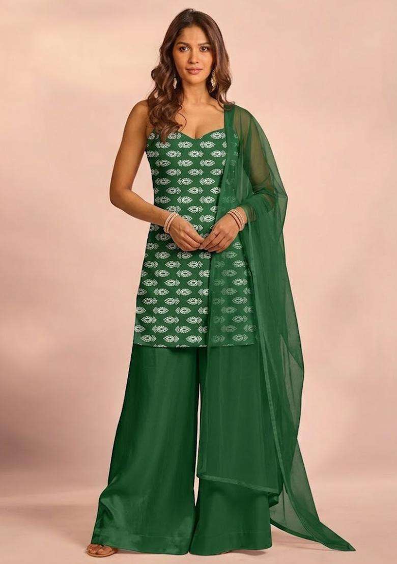 Dark Green Booti Print Satin Sharara Set - Indya