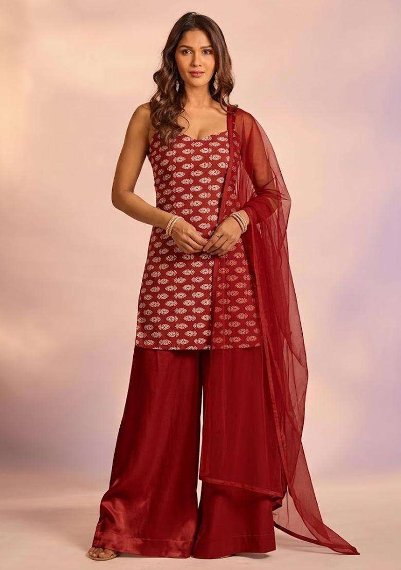 Red Booti Print Satin Sharara Set - Indya