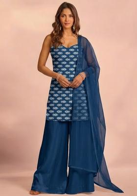 Teal Blue Booti Print Satin Sharara Set