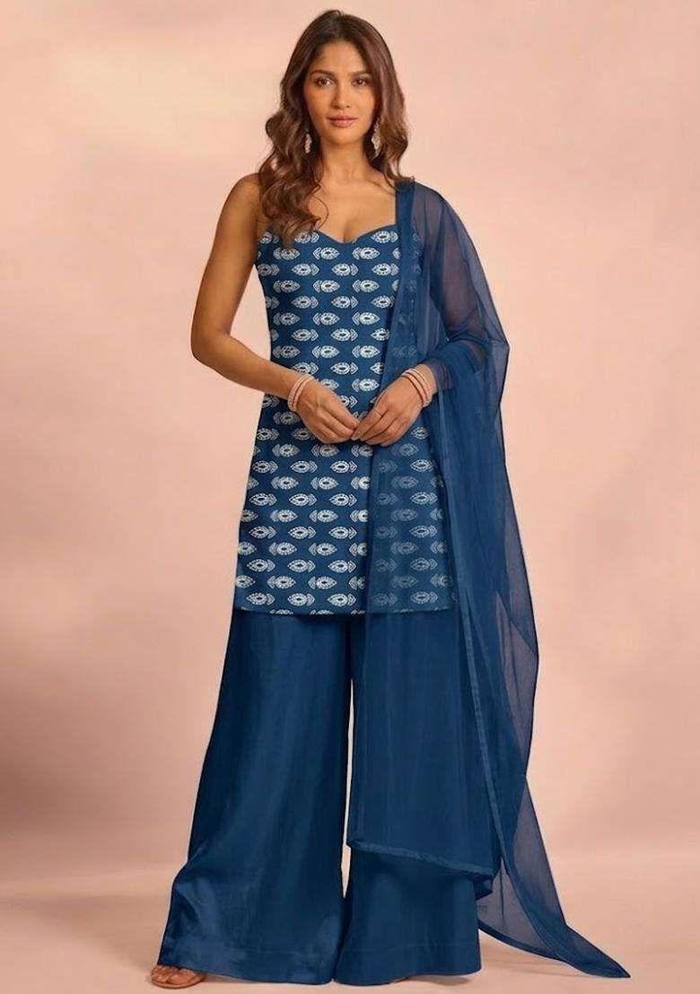 Teal Blue Booti Print Satin Sharara Set - Indya