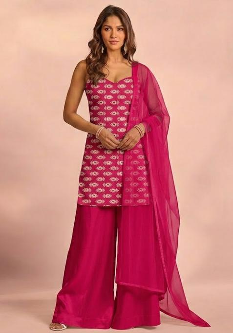 Rani Pink Booti Print Satin Sharara Set