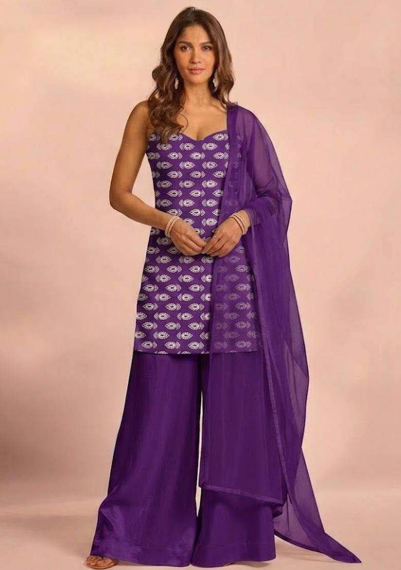 Royal Purple Booti Print Satin Sharara Set - Indya