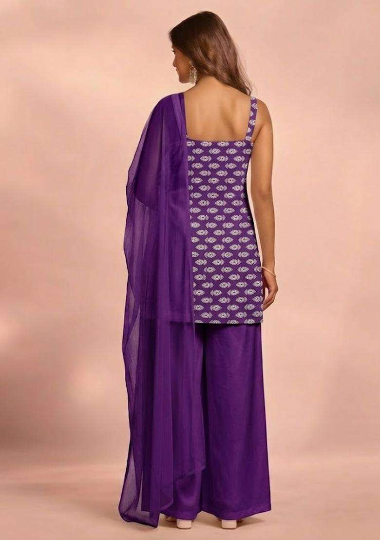 Royal Purple Booti Print Satin Sharara Set - Indya