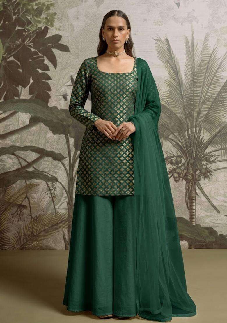 Dark Green Brocade Sharara Set - Indya
