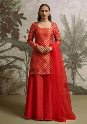 Red Brocade Sharara Set