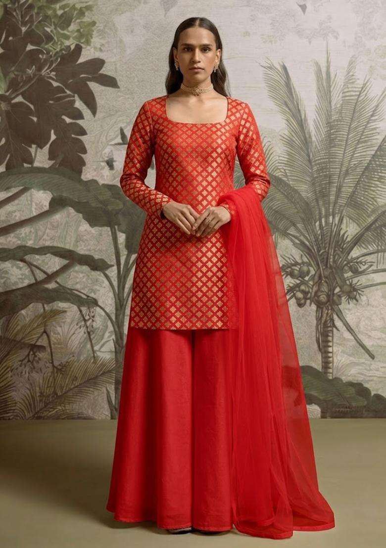 Red Brocade Sharara Set - Indya