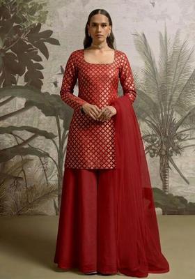 Red Brocade Sharara Set